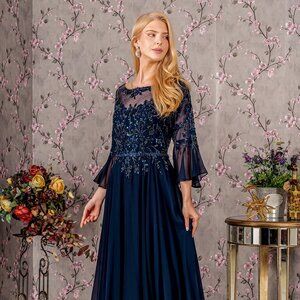 NEW LONG A-LINE CHIFFON FORMAL BEADED GOWN WITH 3\4 SLEEVES AND BOAT-NECK GL3434